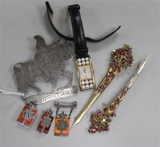 Three George Jensen badges, two Turban pins, Mikimoto silver gilt watch etc.